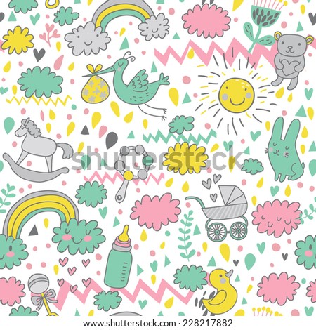 Gentle baby's seamless pattern in bright colors. Toys, children's clothes, animals in the sky. Best pattern for wrapping paper for babies