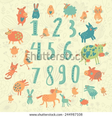 Learn to count concept set in cartoon style. All numbers and funny cartoon animals: cat, dog, cow, horse, rabbit and others in vector
