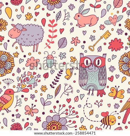 Stunning seamless pattern with animals, birds and insects in hearts and flowers. Sweet sheep, owl, bird, bee, bug, rabbit in vector. Awesome cartoon seamless pattern for lovely childish designs