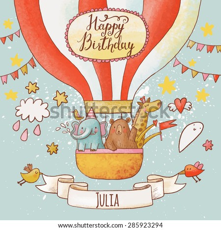 Lovely happy birthday card in bright summer colors. Sweet animals: elephant, bear and giraffe in air balloon in the sky. Awesome personalized childish background in vector