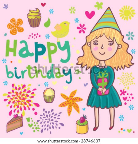 Birthday Vector on Girls Birthday   Cartoon Vector Background   Stock Vector