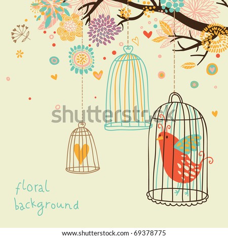 stock vector Sweet floral background with bird cage