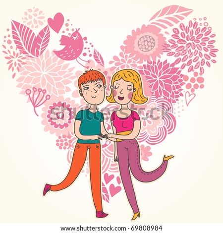 Cartoon Girl And Boy Walking. stock vector : Cartoon boy and