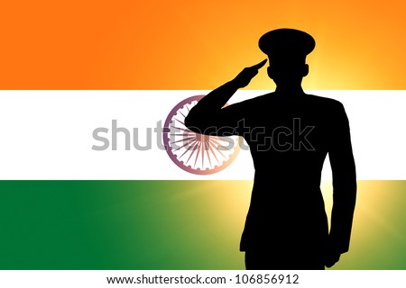 stock photo the indian flag and the silhouette of a soldier s military salute 106856912