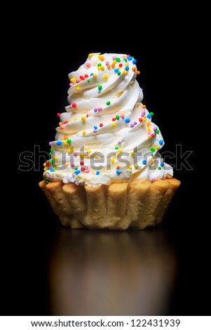 Single cream tart isolated on a black background. Closeup.
