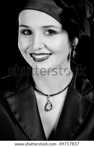 Old-fashioned lady. On black background.