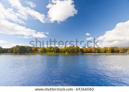 Panoramic landscape view and clear blue sky.