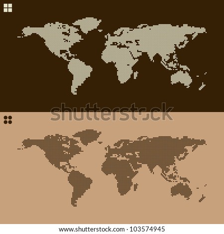 pair of world map put together from dots and squares