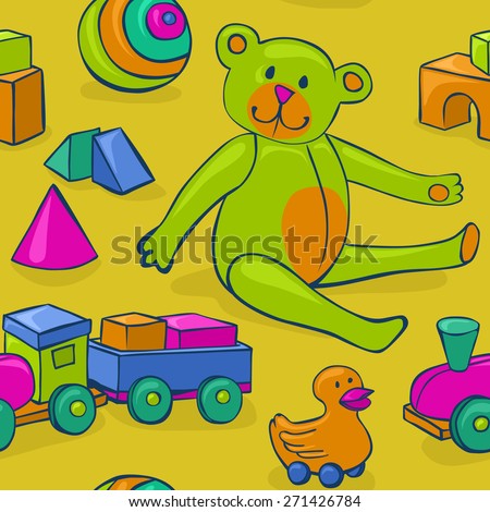 seamless pattern featuring colorful, cute, classic kids toys - teddy bear, duck on wheels, building blocks, ball and wooden train