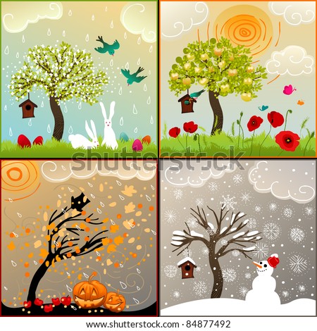 Four seasons set with tree, birdhouse, birds, pumpkin lanterns and snowman