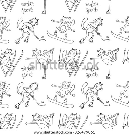 Seamless pattern of funny cats who doing winter sport: ski, snowboard, hockey and figure skating. Hand drawing. Vector.