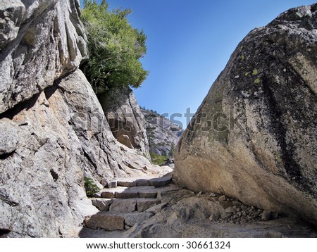 Stairs carved out of rock on the Chilnualna Falls Trail in Yosemite National Park, California, USA