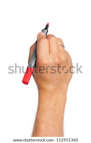 Hand with marker isolated on white background