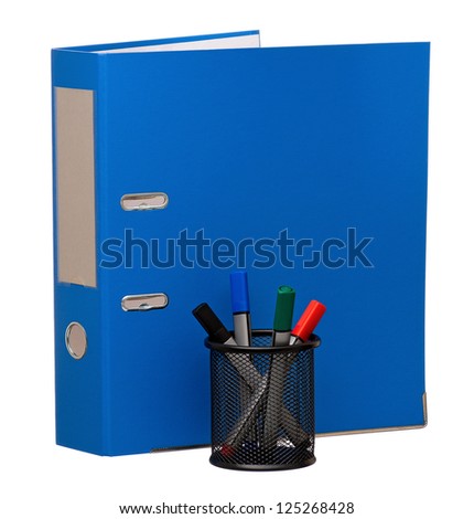 Big blue folder and markers, isolated on white background