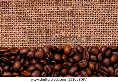 Coffee beans border on the old burlap