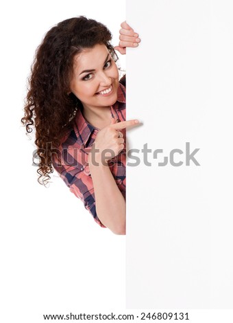 Beautiful girl with blank placard board, isolated on white background