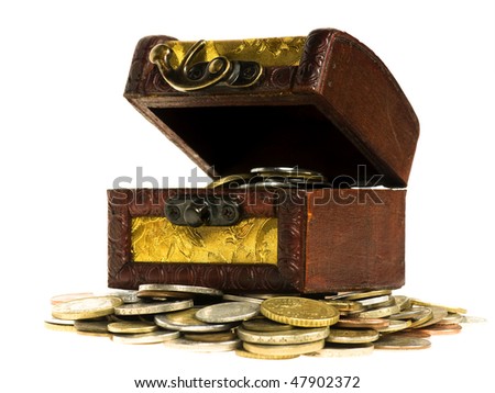 Wooden treasure  chest of money, isolated on white background