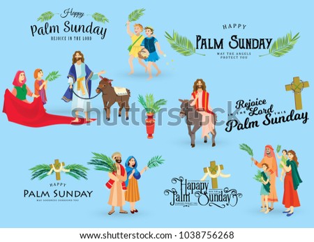 religion holiday palm sunday before easter, celebration of the entrance of Jesus into Jerusalem, happy people with palmtree leaves vector illustration, man Rides Donkey, kids woman greetings Christ