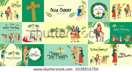 religion holiday palm sunday before easter, celebration of the entrance of Jesus into Jerusalem, happy people with palmtree leaves vector illustration, man Rides Donkey, family greetings Christ