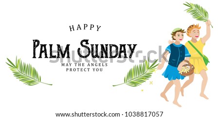 religion holiday palm sunday before easter, celebration of the entrance of Jesus into Jerusalem, happy kids with palmtree leaves vector illustration, childrens greetings Christ