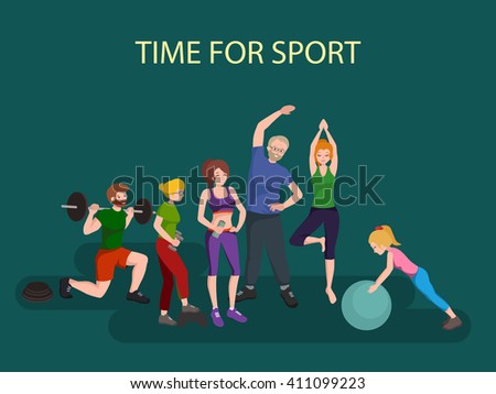 Active people in sports and fitness, Healthy people doing exercises in gym with sports equipment, fitness concept men and women.Human activity weight loss vector illustration. People workout in gym