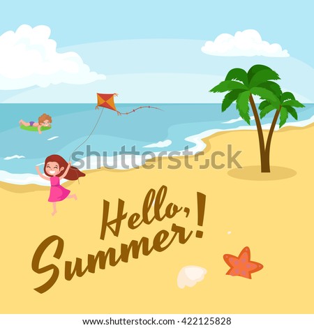 Children summertime vacation park.Kids Playing sand around water on beach,slide in sea or ocean vector illustration.Happy babies summer holiday people sunning and swimming play ball have fun vocation