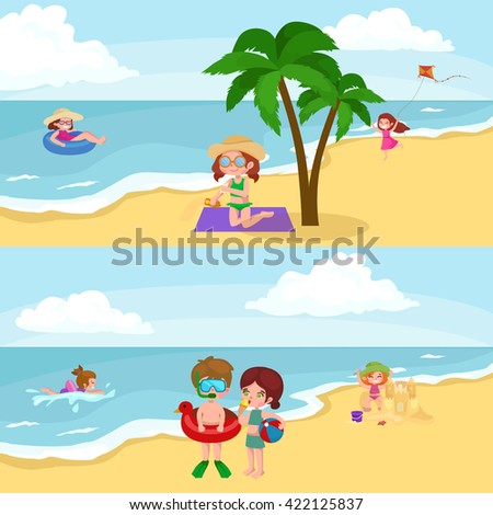 Children summer vacation in park. Kids playing in the sand on beach, doing  castle and swimming.Cute boy and girl sea vacation, child holiday background, travel to children camp at the ocean with sun