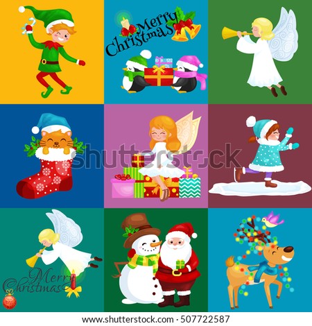 Santa Claus snowman hats, Christmas children enjoy winter holidays, Christmas elf with sweets,Christmas  angel wings pipe gifts,Christmas sock, girl and penguins presents, Christmas deer