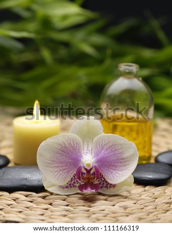 spa concept with orchid with spa stone, candle, massage oil
