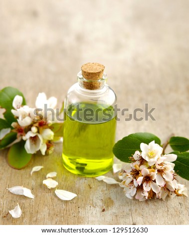 spring flower with massage oil on old wooden