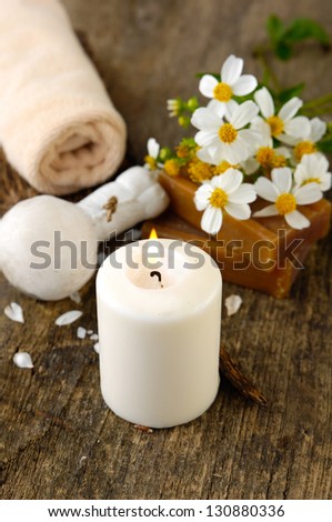Aromatic spa set with candle ,towel , flower, soap, salt in bowl