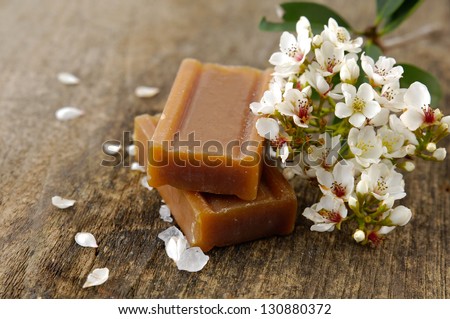 Branch spring flower soap on old wooden