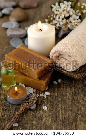 spa set with candle ,towel , flower, soap, stones