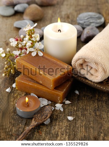 Aromatic spa set with candle ,towel , stones, flower, soap
