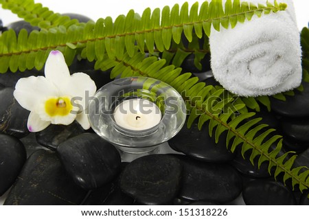 White candle with green fern ,towel, orchid ,candle on black pebbles