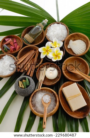 Wooden bowl of flower with cinnamon ,shell , oil, spoon ,soap on green palm