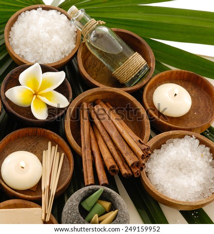 Wooden bowl of flower with cinnamon ,shell , oil, candle ,soap on green palm