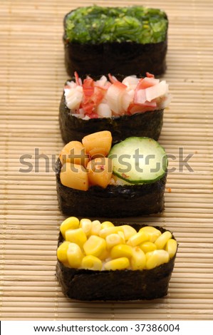 fresh sushi on bamboo mat
