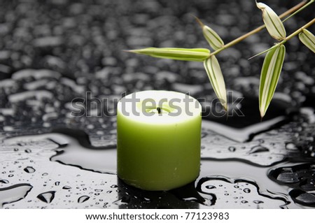 Spa concept- green candle with green bamboo leaves in water drops
