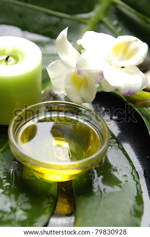 branch orchid and green candle with leaf