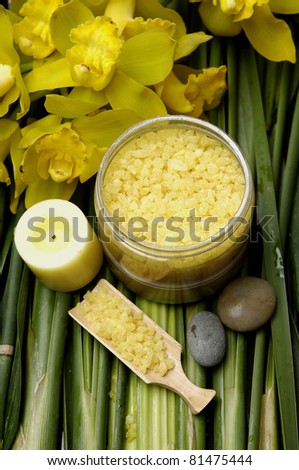 Sea salt bath in spoon with candle on green plant background