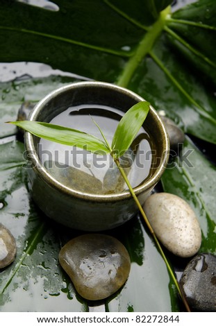 Zen stones and green leaf with water in bowl on wet leaf