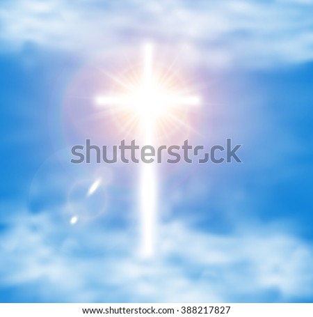 White Glow Cross with Flare in Sky Cloud. Holy Glory Easter Shine Background. Christian Symbol Light Radiance Ray. Paradise hope concept