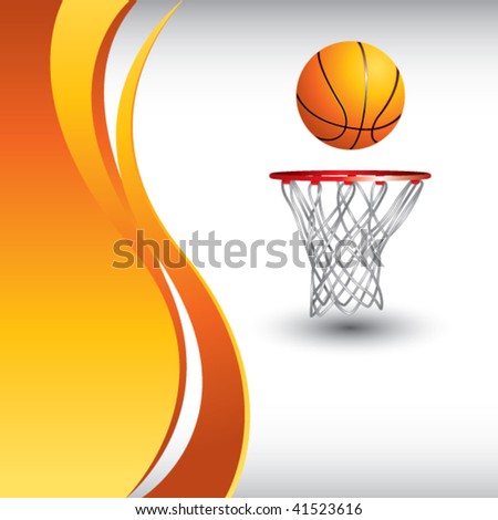 basketball hoop and ball. stock vector : asketball hoop and all by orange wave backdrop