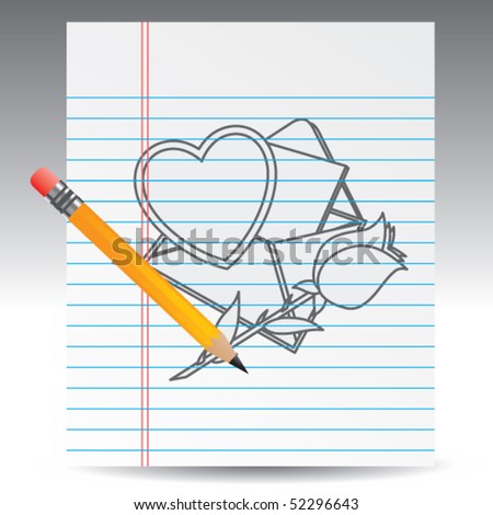 stock vector : love letter and rose drawing with pencil