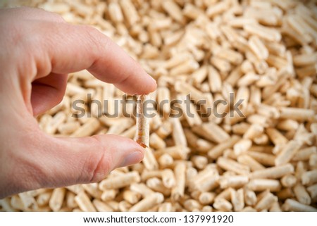 One wood pellet in hand on  pattern of wood pellets