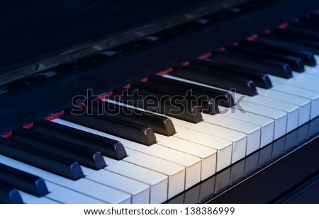 Macro of piano keyboard made of ivory with spot light