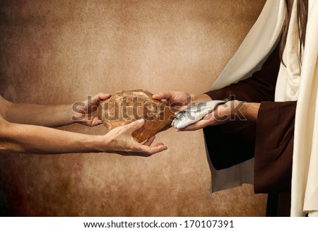 Jesus gives bread and fish on beige background