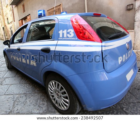 MONDRAGONE, ITALY -?? OCTOBER 10 2013:  Wide angle photograph of a car of the Italian police during the demonstration against the Mafia \