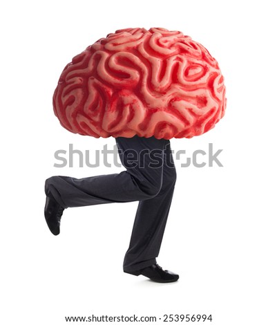 Metaphor of the brain drain. Rubber brain legs while running on white background.